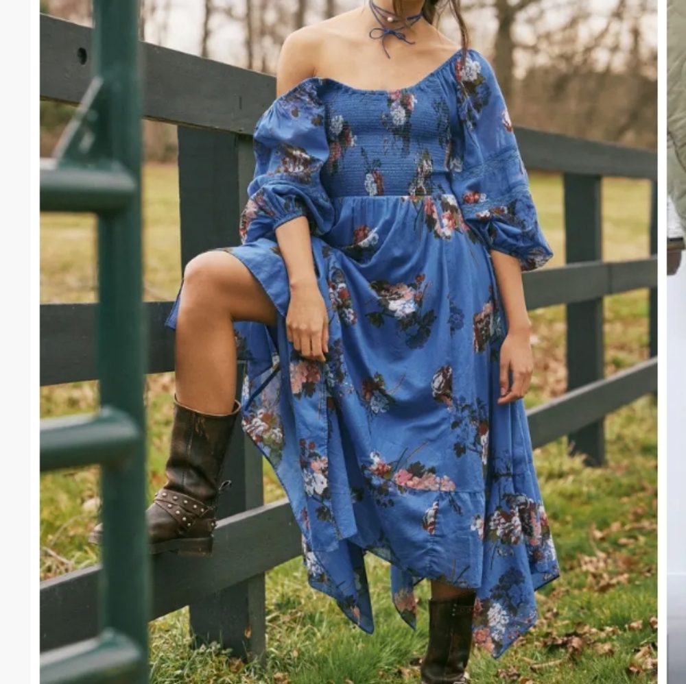Free People Morning Glory Blue Floral Smocked Maxi Dress